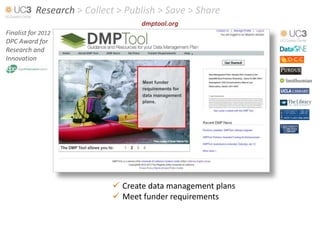 Research > Collect > Publish > Save > Share
                                   dmptool.org
Finalist for 2012
DPC Award for
Research and
Innovation




                             Create data management plans
                             Meet funder requirements
 