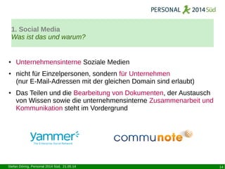Stefan Döring, Personal 2014 Süd, 21.05.14 14
● Unternehmensinterne Soziale Medien
● nicht für Einzelpersonen, sondern für...