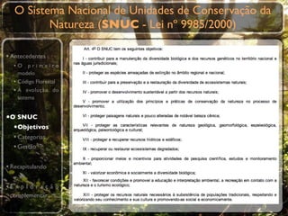 O Sistema Nacional de Unidades de Conservação da
          Natureza (SNUC - Lei nº 9985/2000)

• Antecedentes
  •O primeiro
    modelo
  • Código Florestal
  • A evolução do
    sistema


•O SNUC
  •Objetivos
  • Categorias
  • Gestão

• Recapitulando

•E x p l o r a ç ã o
 complementar
 