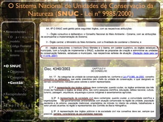 O Sistema Nacional de Unidades de Conservação da
          Natureza (SNUC - Lei nº 9985/2000)

• Antecedentes
  •O primeiro
    modelo
  • Código Florestal
  • A evolução do
    sistema


•O SNUC
                       Dec. 4340/2002
  • Objetivos
  • Categorias
  •Gestão

• Recapitulando

•E x p l o r a ç ã o
 complementar
 