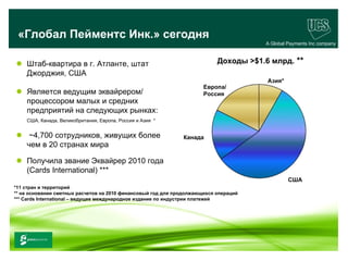 «Глобал Пейментс Инк.» сегодня
                                                                                      A Global Payments Inc company



 Штаб-квартира в г. Атланте, штат                                         Доходы >$1.6 млрд. **
  Джорджия, США
                                                                                       Азия*
                                                                      Европа/
 Является ведущим эквайрером/                                        Россия
  процессором малых и средних
  предприятий на следующих рынках:
    США, Канада, Великобритания, Европа, Россия и Азия *


 ~4,700 сотрудников, живущих более                           Канада
  чем в 20 странах мира

 Получила звание Эквайрер 2010 года
  (Cards International) ***
                                                                                               США
*11 стран и территорий
** на основании сметных расчетов на 2010 финансовый год для продолжающихся операций
*** Cards International – ведущее международное издание по индустрии платежей




                                                                                                            2
 www.ucs.su   (495) 956 4806, 234 1829
 