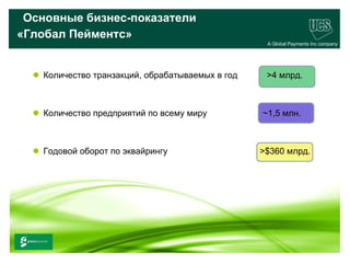 Основные бизнес-показатели
«Глобал Пейментс»
                                                      A Global Payments Inc company




      Количество транзакций, обрабатываемых в год    >4 млрд.



      Количество предприятий по всему миру          ~1,5 млн.



      Годовой оборот по эквайрингу                  >$360 млрд.




www.ucs.su   (495) 956 4806, 234 1829
 