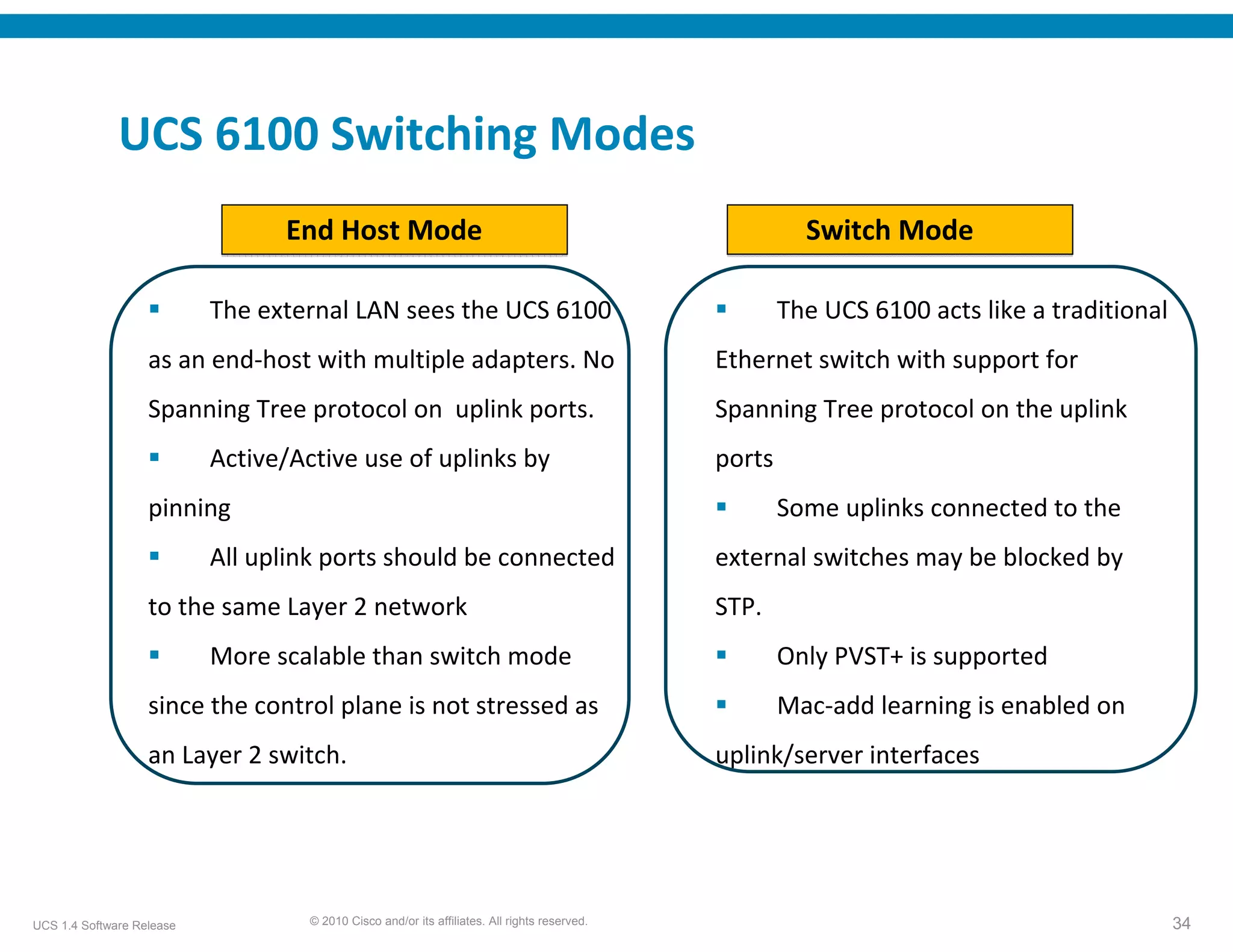 UCS 6100 Switching Modes 
                                  End Host Mode                                                         Switch Mode

                           The external LAN sees the UCS 6100                                         The UCS 6100 acts like a traditional 
                   as an end‐host with multiple adapters. No                                   Ethernet switch with support for 
                   Spanning Tree protocol on  uplink ports.                                    Spanning Tree protocol on the uplink 
                           Active/Active use of uplinks by                                     ports 
                   pinning                                                                            Some uplinks connected to the 
                           All uplink ports should be connected                                external switches may be blocked by 
                   to the same Layer 2 network                                                 STP.
                           More scalable than switch mode                                             Only PVST+ is supported
                   since the control plane is not stressed as                                         Mac‐add learning is enabled on 
                   an Layer 2 switch.                                                          uplink/server interfaces




UCS 1.4 Software Release            © 2010 Cisco and/or its affiliates. All rights reserved.                                              34
 