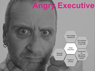 Angry Executive
Has a design
background
Far removed
from design
in exec role
Angry
Executive
Comes from
an
ego-centric
advertising
culture
Recently
divorced
Family of
all boys
 