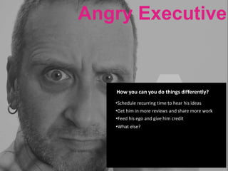 Angry Executive
Has a design
background
Far removed
from design
in exec role
Angry
Executive
Comes from
an
ego-centric
advertising
culture
Recently
divorced
Family of
all boys
How you can you do things differently?
•Schedule recurring time to hear his ideas
•Get him in more reviews and share more work
•Feed his ego and give him credit
•What else?
 
