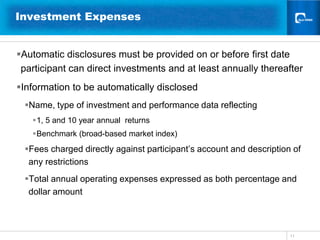 11Investment Expenses Automatic disclosures must be provided on or before first date participant can direct investments and at least annually thereafterInformation to be automatically disclosed Name, type of investment and performance data reflecting 1, 5 and 10 year annual  returnsBenchmark (broad-based market index) Fees charged directly against participant’s account and description of any restrictionsTotal annual operating expenses expressed as both percentage and dollar amount