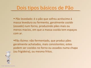 Dois tipos básicos de Pão Pão levedado: é o pão que sofreu acréscimo à massa levedura ou fermento, geralmente  cozido  ( assado ) num forno, produzindo pães mais ou menos macios, em que a massa cozida tem espaços com ar. Pão Ázimo: não fermentado, que produz pães geralmente achatados, mais consistentes; estes podem ser cozidos no forno ou assados numa chapa (ou frigideira), ou mesmo fritos. Prof. Andretty Coimbra 