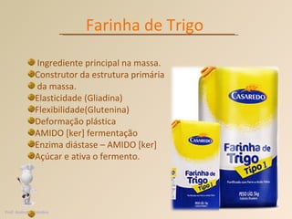 Farinha de Trigo Ingrediente principal na massa. Construtor da estrutura primária da massa. Elasticidade (Gliadina) Flexibilidade(Glutenina) Deformação plástica AMIDO [ker] fermentação Enzima diástase – AMIDO [ker]  Açúcar e ativa o fermento. Prof. Andretty Coimbra 