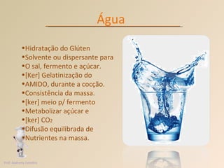 Água Hidratação do Glúten Solvente ou dispersante para  O sal, fermento e açúcar. [Ker] Gelatinização do AMIDO, durante a cocção. Consistência da massa. [ker] meio p/ fermento Metabolizar açúcar e  [ker] CO 2 Difusão equilibrada de  Nutrientes na massa.  Prof. Andretty Coimbra 