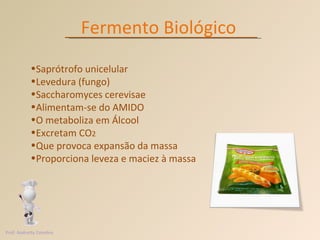 Fermento Biológico Saprótrofo unicelular Levedura (fungo) Saccharomyces cerevisae Alimentam-se do AMIDO O metaboliza em Álcool Excretam CO 2 Que provoca expansão da massa Proporciona leveza e maciez à massa Prof. Andretty Coimbra 