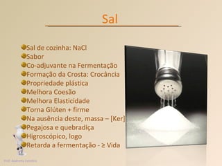 Sal Sal de cozinha: NaCl Sabor Co-adjuvante na Fermentação Formação da Crosta: Crocância Propriedade plástica Melhora Coesão Melhora Elasticidade Torna Glúten + firme Na ausência deste, massa – [Ker] Pegajosa e quebradiça Higroscópico, logo Retarda a fermentação - ≥ Vida  Prof. Andretty Coimbra 
