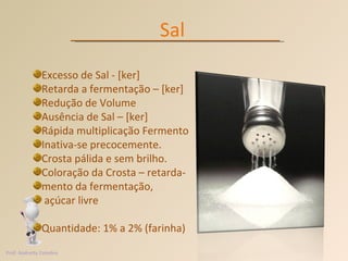 Sal Excesso de Sal - [ker] Retarda a fermentação – [ker] Redução de Volume Ausência de Sal – [ker] Rápida multiplicação Fermento Inativa-se precocemente. Crosta pálida e sem brilho. Coloração da Crosta – retarda- mento da fermentação, açúcar livre  Quantidade: 1% a 2% (farinha) Prof. Andretty Coimbra 