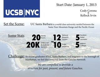 Start Date: January 1, 2013
                                                       Kellock Irvin (‘12) & Cody Corona (‘10)

 UCSB NYC
Set the Scene:         UC Santa Barbara is a world class university nestled between the
                                           Santa Ynez Mountain Range and the Pacific Ocean


  Some Stats
                    20                         12                      5
                                 Varsity                National            Resident
                                 Teams                  Research            Nobel
                                                        Centers             Laureates



                   20K                         10                      5
                                              TOP
                                 Undergrad                                  Distinct
                                 & Graduate             Public
                                                                            Colleges
                                 Students               University




   Challenge: As recent graduates of UC Santa Barbara, and migrants to the borough of
                  Manhattan, we feel disconnected from the Gaucho Network

                             We are compelled to provide a
                    structure for past, present, and future Gauchos.
 