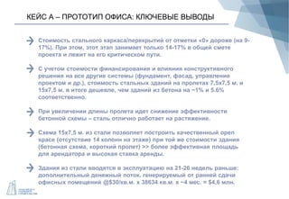 КЕЙС А – ПРОТОТИП ОФИСА: КЛЮЧЕВЫЕ ВЫВОДЫ
Стоимость стального каркаса/перекрытий от отметки «0» дороже (на 9-
17%). При этом, этот этап занимает только 14-17% в общей смете
проекта и лежит на его критическом пути.
С учетом стоимости финансирования и влияния конструктивного
решения на все другие системы (фундамент, фасад, управление
проектом и др.), стоимость стальных зданий на пролетах 7,5х7,5 м. и
15х7,5 м. в итоге дешевле, чем зданий из бетона на ~1% и 5.6%
соответственно.
При увеличении длины пролета идет снижение эффективности
бетонной схемы – сталь отлично работает на растяжение.
Схема 15х7,5 м. из стали позволяет построить качественный open
space (отсутствие 14 колонн на этаже) при той же стоимости здания
(бетонная схема, короткий пролет) >> более эффективная площадь
для арендатора и высокая ставка аренды.
Здания из стали вводятся в эксплуатацию на 21-26 недель раньше:
дополнительный денежный поток, генерируемый от ранней сдачи
офисных помещений @$30/кв.м. х 38634 кв.м. х ~4 мес. = $4,6 млн.
 