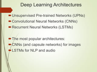 Deep Learning Architectures
Unsupervised Pre-trained Networks (UPNs)
Convolutional Neural Networks (CNNs)
Recurrent Neu...