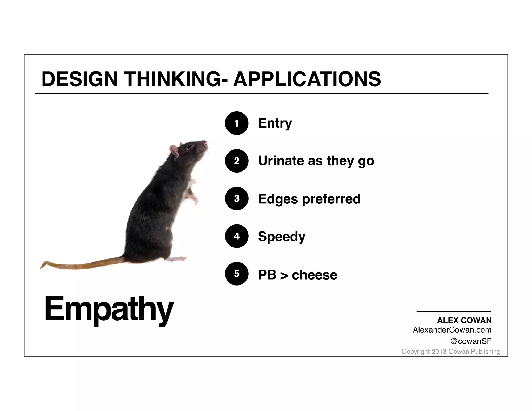DESIGN THINKING- APPLICATIONS
1

2

Urinate as they go

3

Edges preferred

4

Speedy

5

Empathy

Entry

PB > cheese
ALEX COWAN
AlexanderCowan.com
@cowanSF

Copyright 2013 Cowan Publishing

 