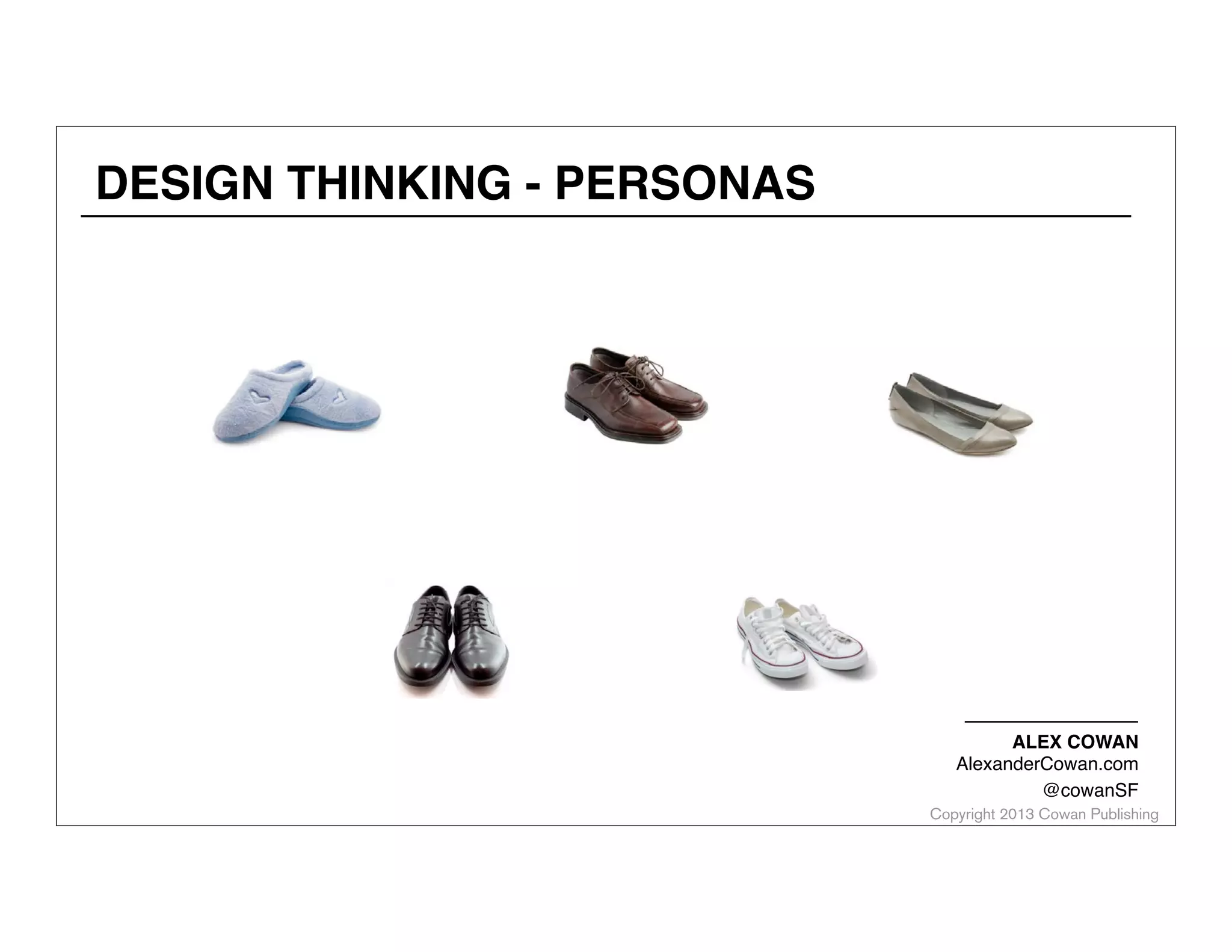 DESIGN THINKING - PERSONAS

ALEX COWAN
AlexanderCowan.com
@cowanSF

Copyright 2013 Cowan Publishing

 