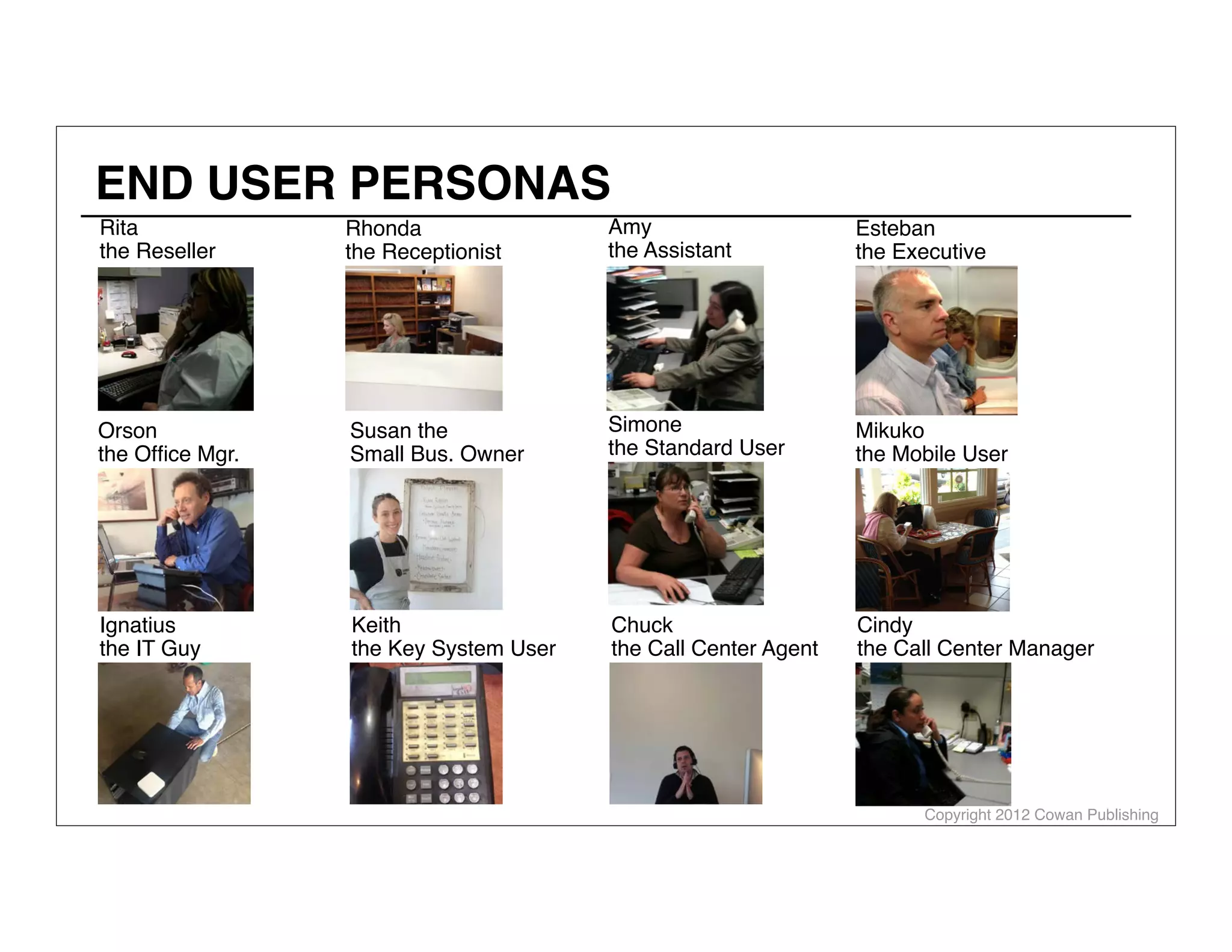 END USER PERSONAS
Rita
the Reseller

Rhonda
the Receptionist

Amy
the Assistant

Esteban
the Executive

Orson
the Ofﬁce Mgr.

Susan the
Small Bus. Owner

Simone
the Standard User

Mikuko
the Mobile User

Ignatius
the IT Guy

Keith
the Key System User

Chuck
the Call Center Agent

Cindy
the Call Center Manager

Copyright 2012 Cowan Publishing

 