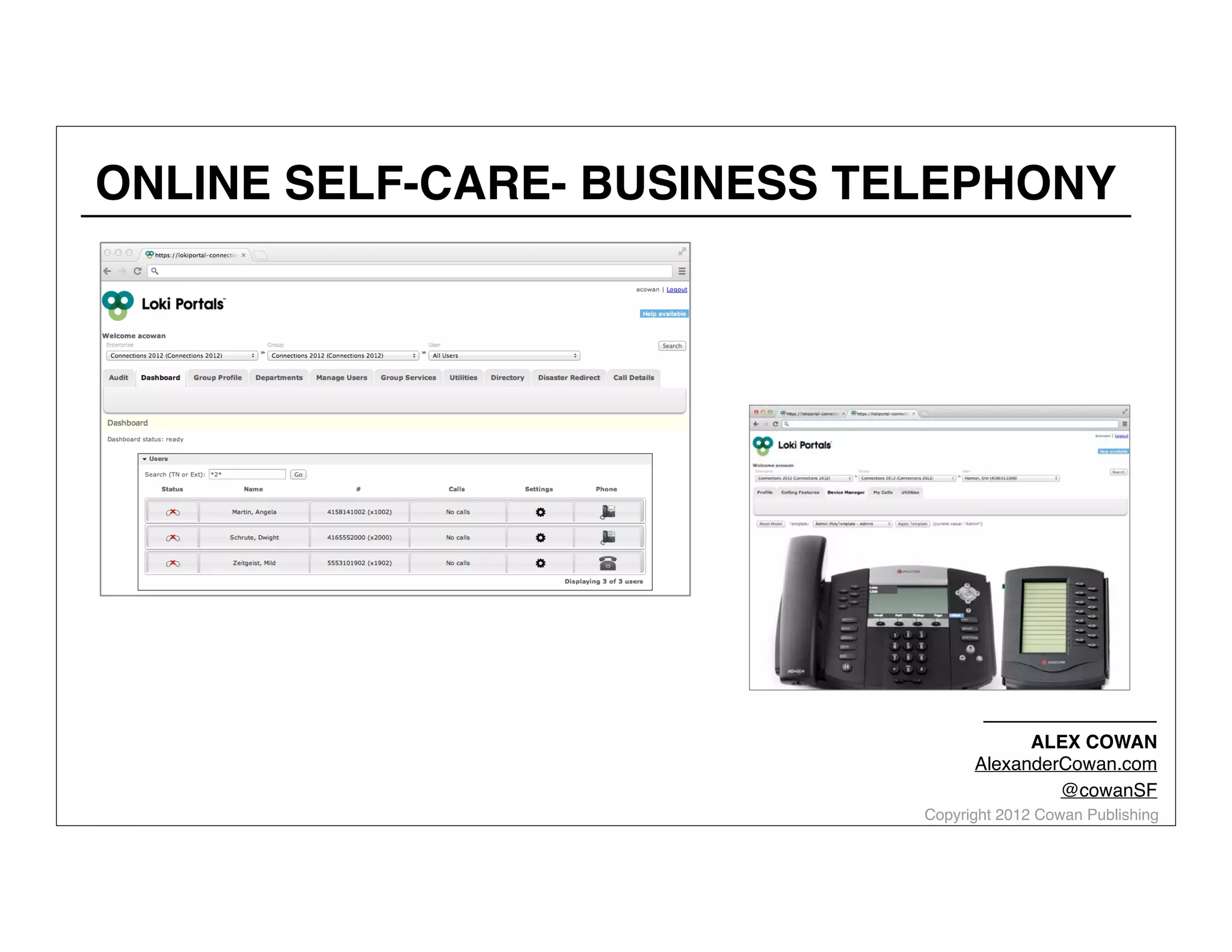 ONLINE SELF-CARE- BUSINESS TELEPHONY

ALEX COWAN
AlexanderCowan.com
@cowanSF

Copyright 2012 Cowan Publishing

 