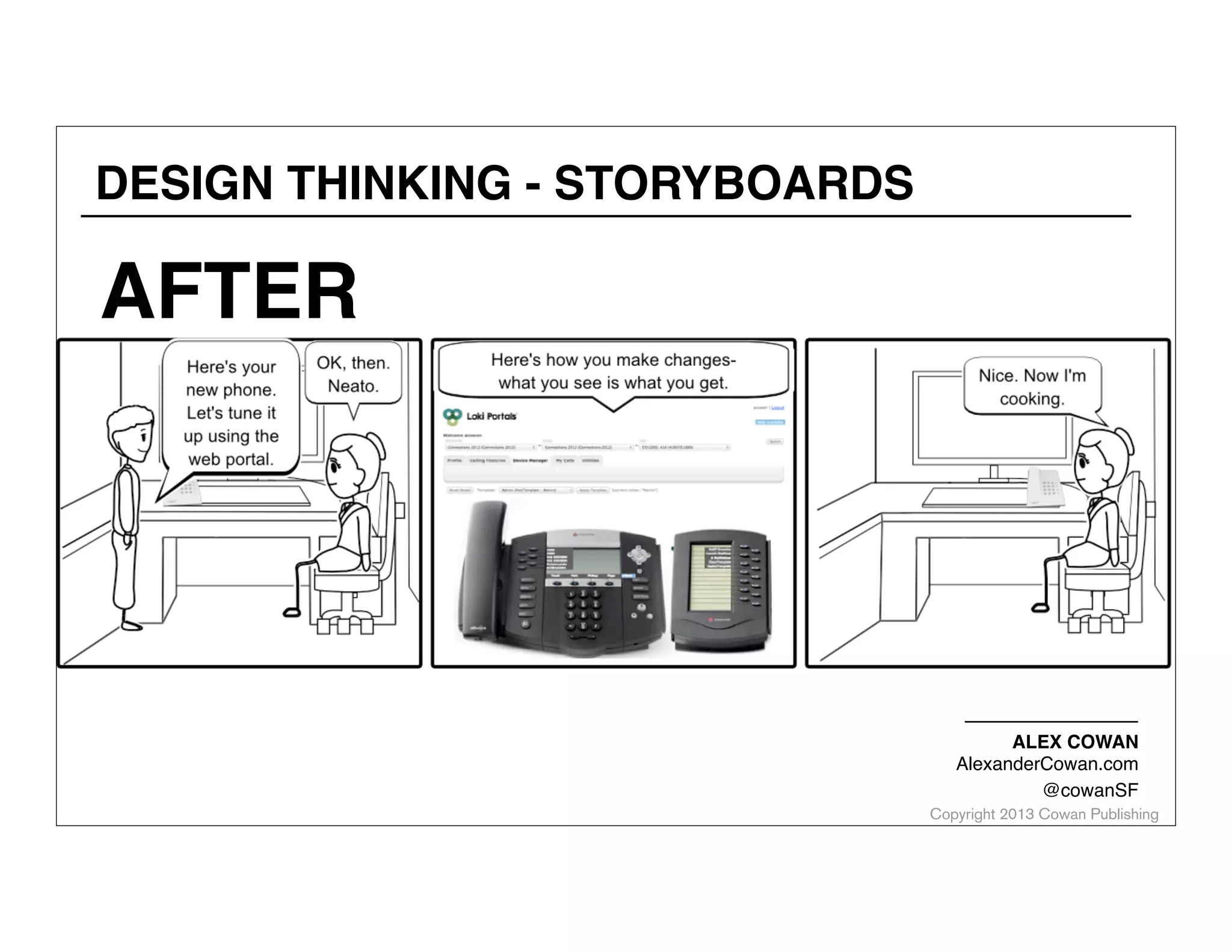 DESIGN THINKING - STORYBOARDS

AFTER

ALEX COWAN
AlexanderCowan.com
@cowanSF

Copyright 2013 Cowan Publishing

 