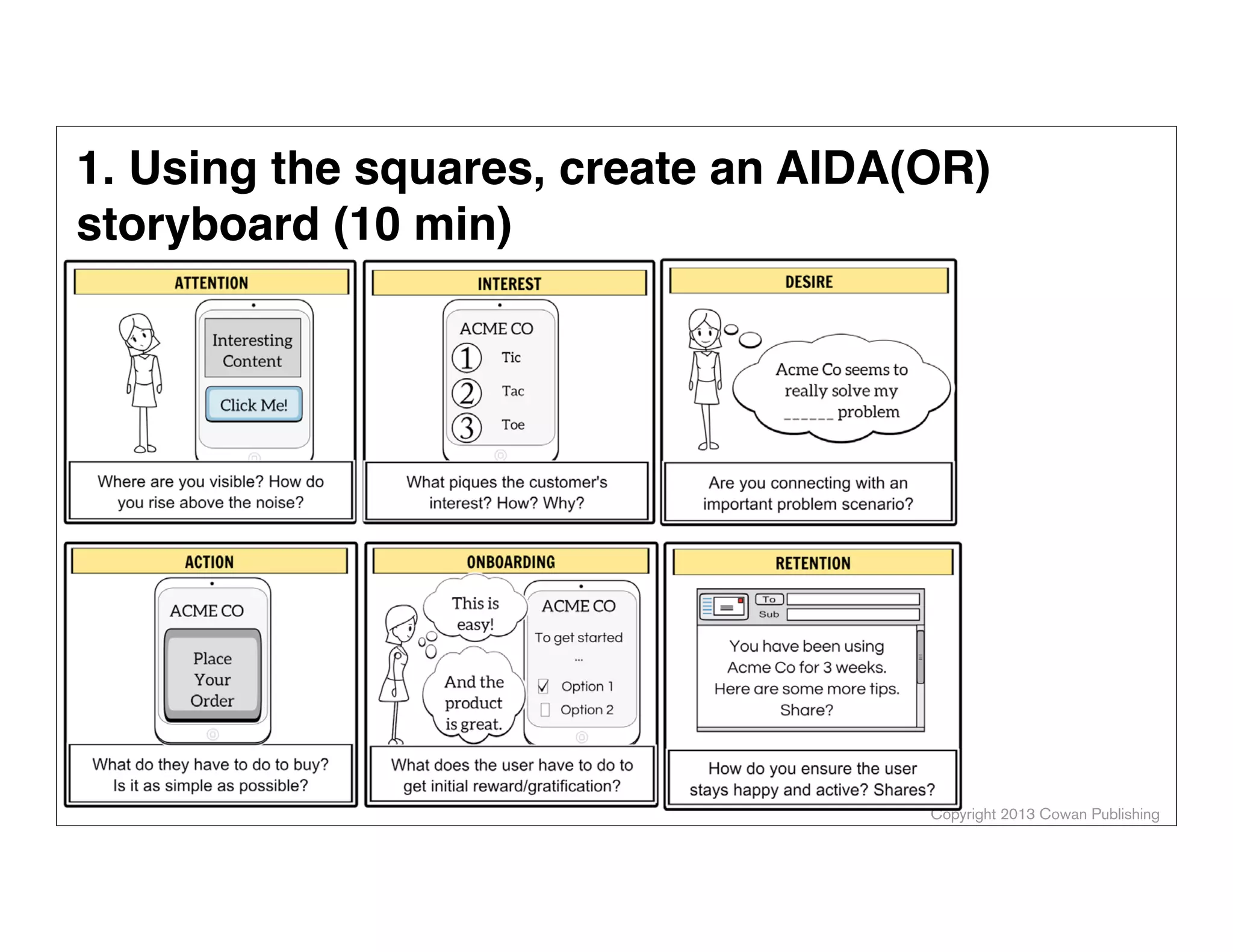 1. Using the squares, create an AIDA(OR)
storyboard (10 min)

Copyright 2013 Cowan Publishing

 
