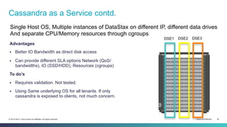 Cisco Confidential 20© 2013-2014 Cisco and/or its affiliates. All rights reserved.
Advantages
§  Better IO Bandwidth as direct disk access
§  Can provide different SLA options Network (QoS/
bandwidths), IO (SSD/HDD), Resources (cgroups)
To do’s
§  Requires validation. Not tested.
§  Using Same underlying OS for all tenants. If only
cassandra is exposed to clients, not much concern.
Cassandra as a Service contd.
Single Host OS, Multiple instances of DataStax on different IP, different data drives
And separate CPU/Memory resources through cgroups
DSE1 DSE2 DSE3
 
