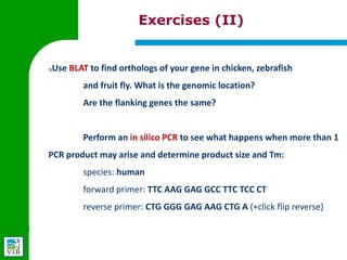 Exercises (II)


4)   Use BLAT to find orthologs of your gene in chicken, zebrafish
         and fruit fly. What is the genomic location?
         Are the flanking genes the same?


         Perform an in silico PCR to see what happens when more than 1
     PCR product may arise and determine product size and Tm:
         species: human
         forward primer: TTC AAG GAG GCC TTC TCC CT
         reverse primer: CTG GGG GAG AAG CTG A (+click flip reverse)
 