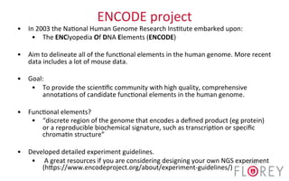 ENCODE	
  project	
  
•  In	
  2003	
  the	
  Na2onal	
  Human	
  Genome	
  Research	
  Ins2tute	
  embarked	
  upon:	
  
•  The	
  ENClyopedia	
  Of	
  DNA	
  Elements	
  (ENCODE)	
  
•  Aim	
  to	
  delineate	
  all	
  of	
  the	
  func2onal	
  elements	
  in	
  the	
  human	
  genome.	
  More	
  recent	
  
data	
  includes	
  a	
  lot	
  of	
  mouse	
  data.	
  
•  Goal:	
  
•  To	
  provide	
  the	
  scien2ﬁc	
  community	
  with	
  high	
  quality,	
  comprehensive	
  
annota2ons	
  of	
  candidate	
  func2onal	
  elements	
  in	
  the	
  human	
  genome.	
  
•  Func2onal	
  elements?	
  
•  “discrete	
  region	
  of	
  the	
  genome	
  that	
  encodes	
  a	
  deﬁned	
  product	
  (eg	
  protein)	
  
or	
  a	
  reproducible	
  biochemical	
  signature,	
  such	
  as	
  transcrip2on	
  or	
  speciﬁc	
  
chroma2n	
  structure”	
  
•  Developed	
  detailed	
  experiment	
  guidelines.	
  
•  	
  A	
  great	
  resources	
  if	
  you	
  are	
  considering	
  designing	
  your	
  own	
  NGS	
  experiment	
  
(hdps://www.encodeproject.org/about/experiment-­‐guidelines/)	
  
 