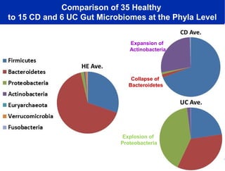 Comparison of 35 Healthy
to 15 CD and 6 UC Gut Microbiomes at the Phyla Level
Expansion of
Actinobacteria

Collapse of
Bacteroidetes

Explosion of
Proteobacteria

 
