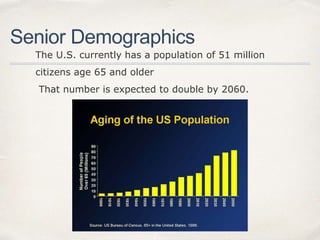 Senior Demographics
The U.S. currently has a population of 51 million
citizens age 65 and older
That number is expected to double by 2060.
 