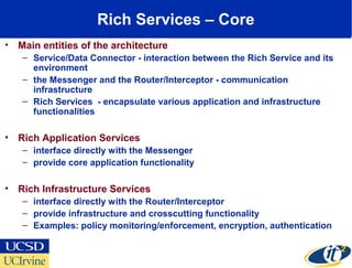 Rich Services – Core
• Main entities of the architecture
– Service/Data Connector - interaction between the Rich Service and its
environment
– the Messenger and the Router/Interceptor - communication
infrastructure
– Rich Services - encapsulate various application and infrastructure
functionalities
• Rich Application Services
– interface directly with the Messenger
– provide core application functionality
• Rich Infrastructure Services
– interface directly with the Router/Interceptor
– provide infrastructure and crosscutting functionality
– Examples: policy monitoring/enforcement, encryption, authentication
 