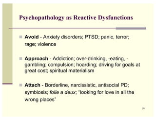 Psychopathology as Reactive Dysfunctions


 Avoid - Anxiety disorders; PTSD; panic, terror;
  rage; violence

 Approach - Addiction; over-drinking, -eating, -
  gambling; compulsion; hoarding; driving for goals at
  great cost; spiritual materialism

 Attach - Borderline, narcissistic, antisocial PD;
  symbiosis; folie a deux; “looking for love in all the
  wrong places”
                                                          20
 