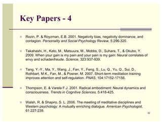 Key Papers - 4

   Rozin, P. & Royzman, E.B. 2001. Negativity bias, negativity dominance, and
    contagion. Personality and Social Psychology Review, 5:296-320.

   Takahashi, H., Kato, M., Matsuura, M., Mobbs, D., Suhara, T., & Okubo, Y.
    2009. When your gain is my pain and your pain is my gain: Neural correlates of
    envy and schadenfreude. Science, 323:937-939.

   Tang, Y.-Y., Ma, Y., Wang, J., Fan, Y., Feng, S., Lu, Q., Yu, Q., Sui, D.,
    Rothbart, M.K., Fan, M., & Posner, M. 2007. Short-term meditation training
    improves attention and self-regulation. PNAS, 104:17152-17156.

   Thompson, E. & Varela F.J. 2001. Radical embodiment: Neural dynamics and
    consciousness. Trends in Cognitive Sciences, 5:418-425.

   Walsh, R. & Shapiro, S. L. 2006. The meeting of meditative disciplines and
    Western psychology: A mutually enriching dialogue. American Psychologist,
    61:227-239.
                                                                                     52
 