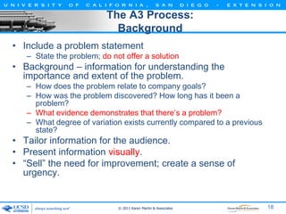 The A3 Process:
Background
• Include a problem statement
– State the problem; do not offer a solution

• Background – info...