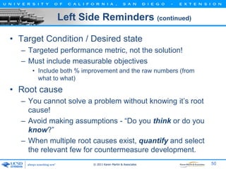 Left Side Reminders (continued)
• Target Condition / Desired state
– Targeted performance metric, not the solution!
– Must...