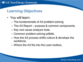 Learning Objectives
• You will learn:
–
–
–
–
–

The fundamentals of A3 problem-solving.
The A3 Report – purpose & common ...
