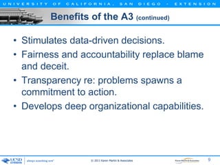 Benefits of the A3 (continued)
• Stimulates data-driven decisions.
• Fairness and accountability replace blame
and deceit....
