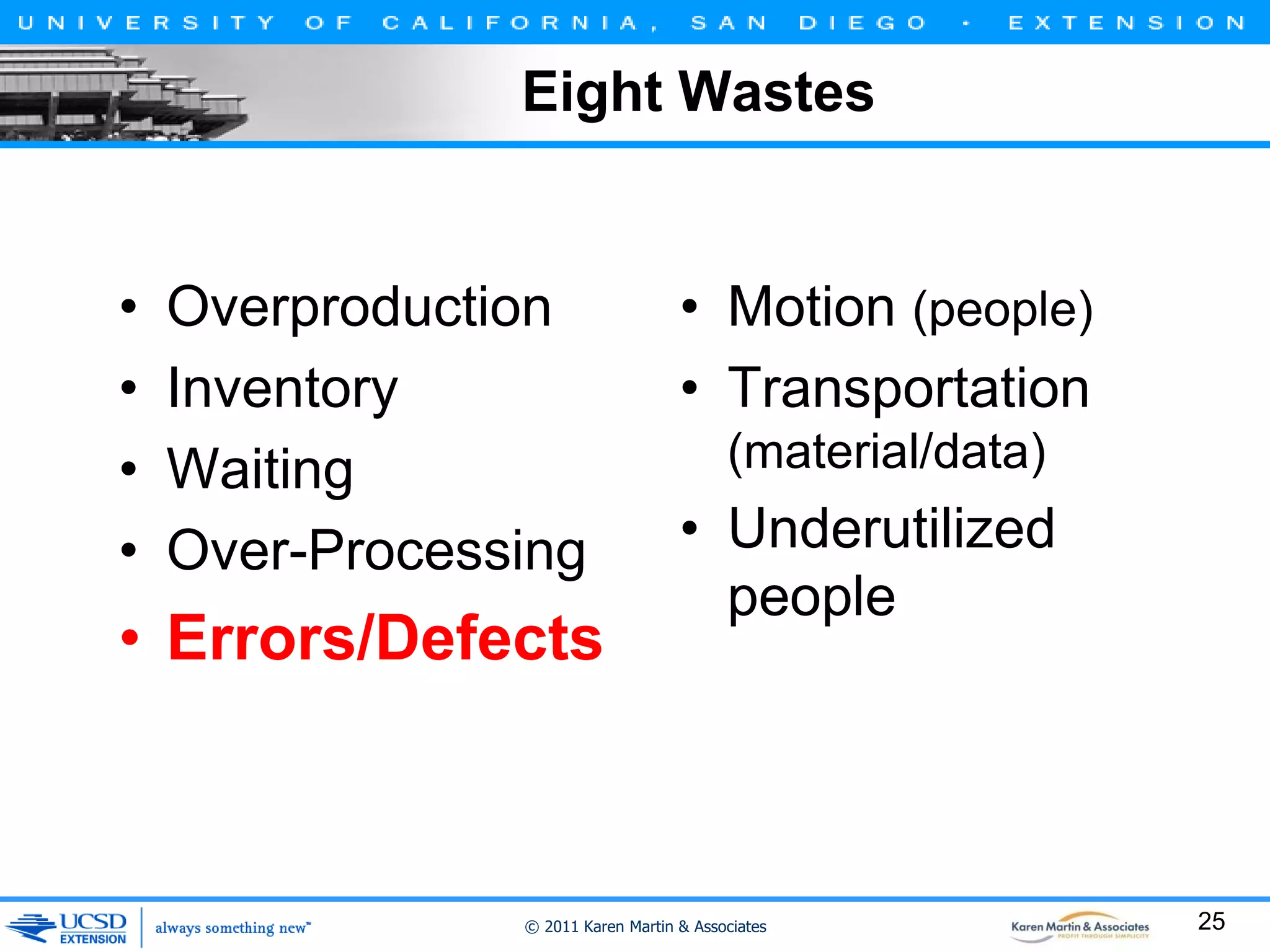 Eight Wastes

•
•
•
•

Overproduction
Inventory
Waiting
Over-Processing

• Errors/Defects

• Motion (people)
• Transportation
(material/data)

• Underutilized
people

© 2011 Karen Martin & Associates

25

 