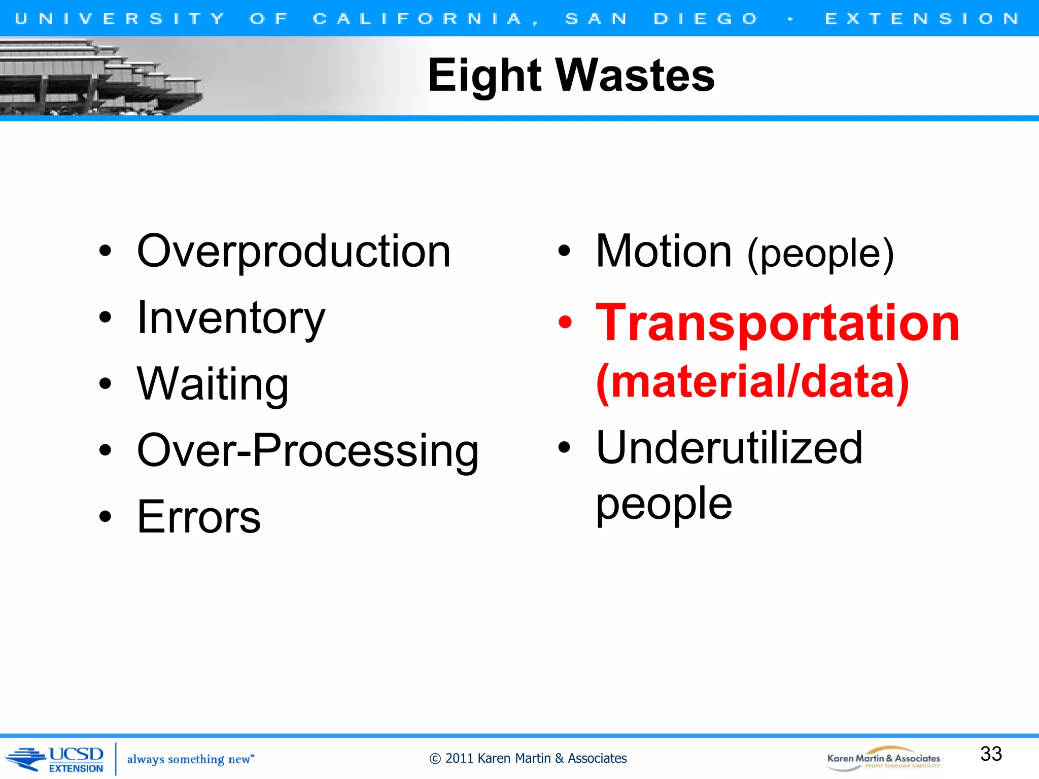 Eight Wastes

•
•
•
•
•

Overproduction
Inventory
Waiting
Over-Processing
Errors

• Motion (people)

• Transportation
(material/data)
• Underutilized
people

© 2011 Karen Martin & Associates

33

 