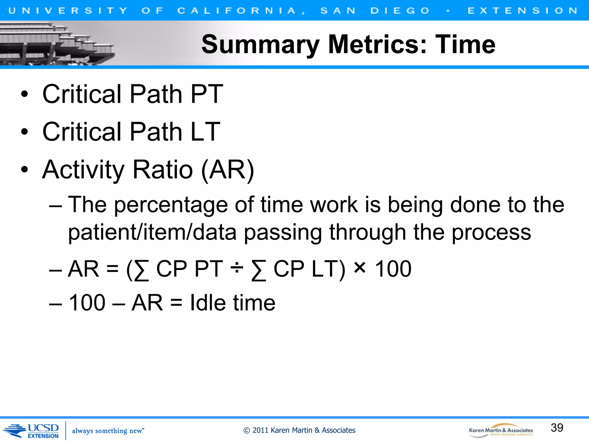 Summary Metrics: Time
• Critical Path PT
• Critical Path LT
• Activity Ratio (AR)
– The percentage of time work is being done to the
patient/item/data passing through the process
– AR = (∑ CP PT ÷ ∑ CP LT) × 100
– 100 – AR = Idle time

© 2011 Karen Martin & Associates

39

 