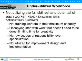 Under-utilized Workforce
• Not utilizing the full skill set and potential of
each worker (KSAC = Knowledge, Skills,
Aptitude/Ability, Creativity)

– Not training workers to their maximum capacity
– Occupying staff with work that doesn’t need to be
done, limiting time for creativity
– Narrow scopes of responsibility; overspecialization
– Not utilized for improvement design and
implementation

© 2011 Karen Martin & Associates

36

 