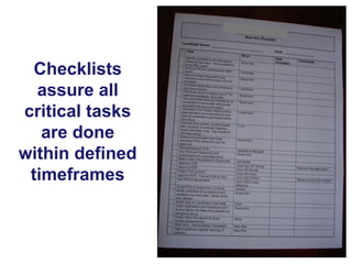 Checklists
assure all
critical tasks
are done
within defined
timeframes

 