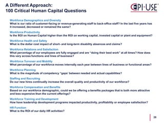 A Different Approach:
100 Critical Human Capital Questions
Workforce Demographics and Diversity
What is our ratio of customer-facing or revenue-generating staff to back-office staff? In the last five years has
it increased, decreased or remained the same?
Workforce Productivity
Is the ROI on Human Capital higher than the ROI on working capital, invested capital or plant and equipment?
Workforce Health and Safety
What is the dollar cost impact of short- and long-term disability absences and claims?
Workforce Relations and Satisfaction
What percentage of our employees are fully engaged and are “doing their best work” at all times? How does
this vary across functions and lines of business?
Workforce Turnover and Mobility
What percentage of our workforce moves internally each year between lines of business or functional areas?
Workforce Planning
What is the magnitude of competency “gaps’ between needed and actual capabilities?
Staffing and Recruiting
Do our new hires continually increase the overall quality and productivity of our workforce?
Workforce Compensation and Benefits
Based on our workforce demographic, could we be offering a benefits packages that is both more attractive
and less expensive than the current offerings?
Workforce Training and Development
How have leadership development programs impacted productivity, profitability or employee satisfaction?
HR Function
What is the ROI of our daily HR activities?
28
 