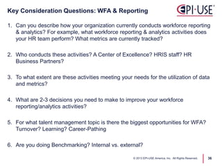 1. Can you describe how your organization currently conducts workforce reporting
& analytics? For example, what workforce reporting & analytics activities does
your HR team perform? What metrics are currently tracked?
2. Who conducts these activities? A Center of Excellence? HRIS staff? HR
Business Partners?
3. To what extent are these activities meeting your needs for the utilization of data
and metrics?
4. What are 2-3 decisions you need to make to improve your workforce
reporting/analytics activities?
5. For what talent management topic is there the biggest opportunities for WFA?
Turnover? Learning? Career-Pathing
6. Are you doing Benchmarking? Internal vs. external?
Key Consideration Questions: WFA & Reporting
© 2013 EPI-USE America, Inc. All Rights Reserved. 36
 