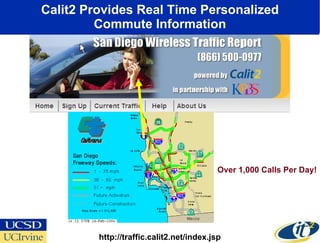 Calit2 Provides Real Time Personalized Commute Information http://traffic.calit2.net/index.jsp Over 1,000 Calls Per Day! 