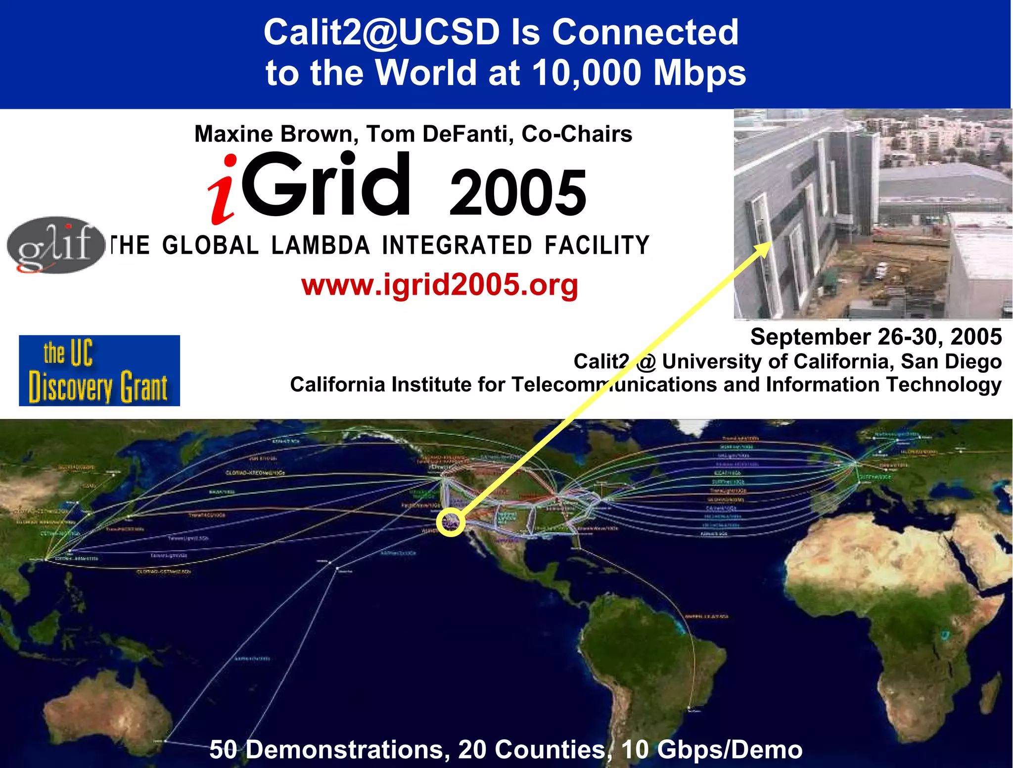 September 26-30, 2005 Calit2 @ University of California, San Diego California Institute for Telecommunications and Information Technology Calit2@UCSD Is Connected  to the World at 10,000 Mbps T   H   E  G   L   O   B   A   L  L   A   M   B   D   A  I   N   T   E   G   R   A   T   E   D  F   A   C   I   L   I   T   Y   Maxine Brown, Tom DeFanti, Co-Chairs www.igrid2005.org 50 Demonstrations, 20 Counties, 10 Gbps/Demo i Grid  2005 