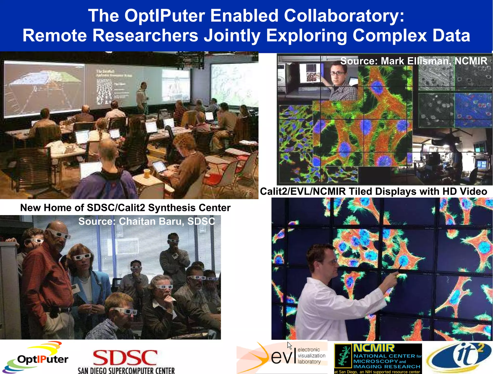 The OptIPuter Enabled Collaboratory: Remote Researchers Jointly Exploring Complex Data New Home of SDSC/Calit2 Synthesis Center Calit2/EVL/NCMIR Tiled Displays with HD Video Source: Chaitan Baru, SDSC Source: Mark Ellisman, NCMIR 