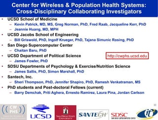 Center for Wireless & Population Health Systems: Cross-Disciplinary Collaborating Investigators UCSD School of Medicine Kevin Patrick, MD, MS, Greg Norman, PhD, Fred Raab, Jacqueline Kerr, PhD Jeannie Huang, MD, MPH UCSD Jacobs School of Engineering Bill Griswold, PhD, Ingolf Krueger, PhD, Tajana Simunic Rosing, PhD San Diego Supercomputer Center Chaitan Baru, PhD UCSD Department of Political Science James Fowler, PhD SDSU Departments of Psychology & Exercise/Nutrition Science James Sallis, PhD, Simon Marshall, PhD Santech, Inc. Sheri Thompson, PhD, Jennifer Shapiro, PhD, Ramesh Venkatraman, MS PhD students and Post-doctoral Fellows (current) Barry Demchak, Priti Aghera, Ernesto Ramirez, Laura Pina, Jordan Carlson http://cwphs.ucsd.edu 