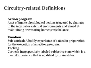 Circuitry-related Definitions
Action program
A set of innate physiological actions triggered by changes
in the internal or external environments and aimed at
maintaining or restoring homeostatic balance.
Emotion
Sub-cortical: A bodily experience of a need in preparation
for the execution of an action program.
Feeling
Cortical: Introspectively labeled subjective state which is a
mental experience that is modified by brain states.

 