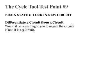 The Cycle Tool Test Point #9
BRAIN STATE 1: LOCK IN NEW CIRCUIT
Differentiate 4 Circuit from 5 Circuit
Would it be rewarding to you to negate the circuit?
If not, it is a 5 Circuit.

 